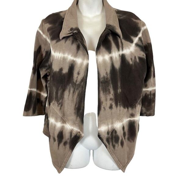 Produce Company Womens Brown Tie Dye Open Jacket Knit Boho Top Pockets sz L - Picture 1 of 16
